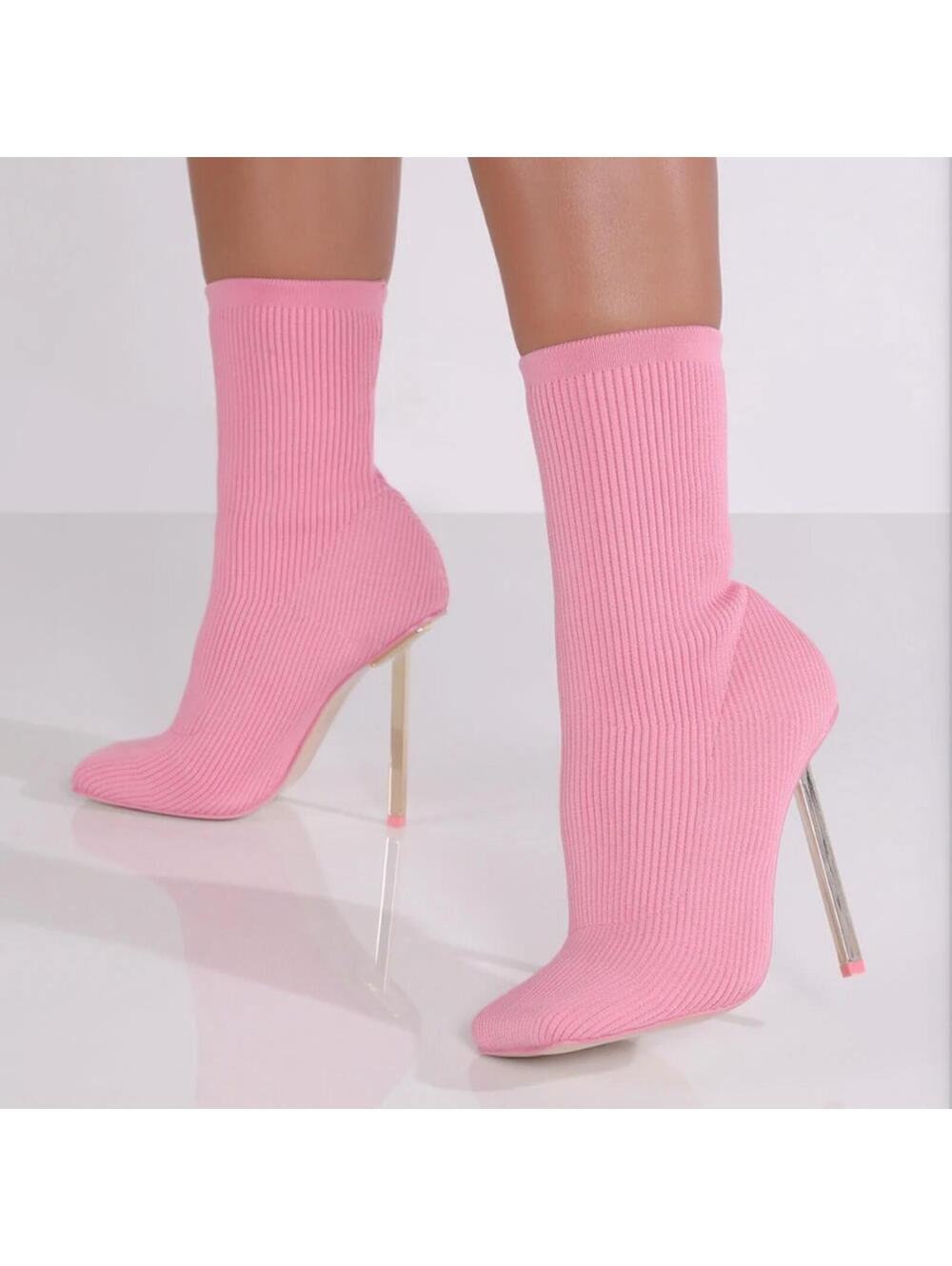 Pink Square Toe Sock High Heel Ankle Booties - Picture 2 of 4